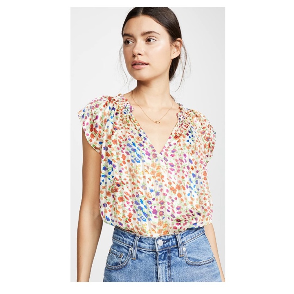 ba&sh Multicolor Floral-Print Short-Sleeve V-Neck Top